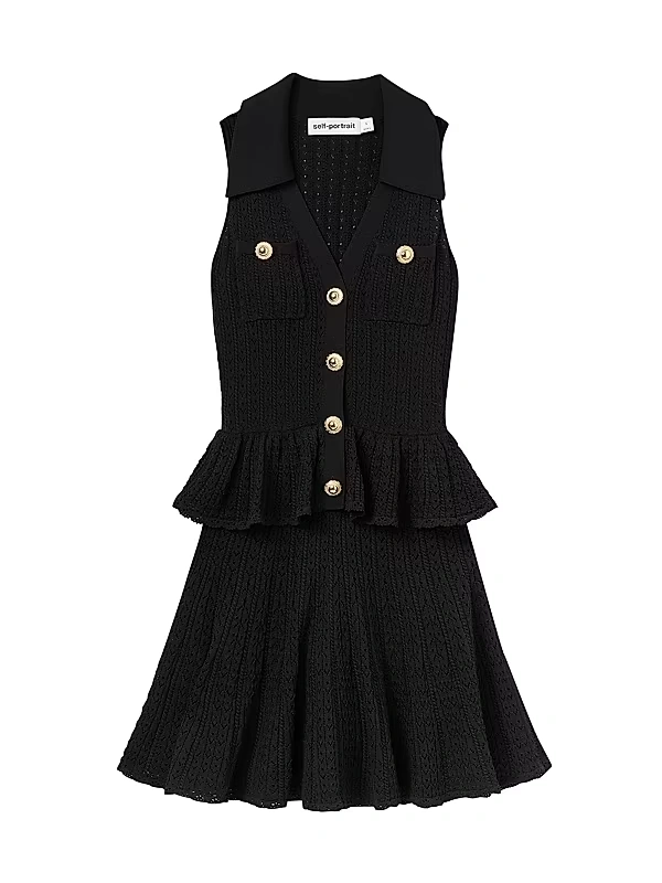 Self-Portrait - Pointelle-Knit Peplum Minidress